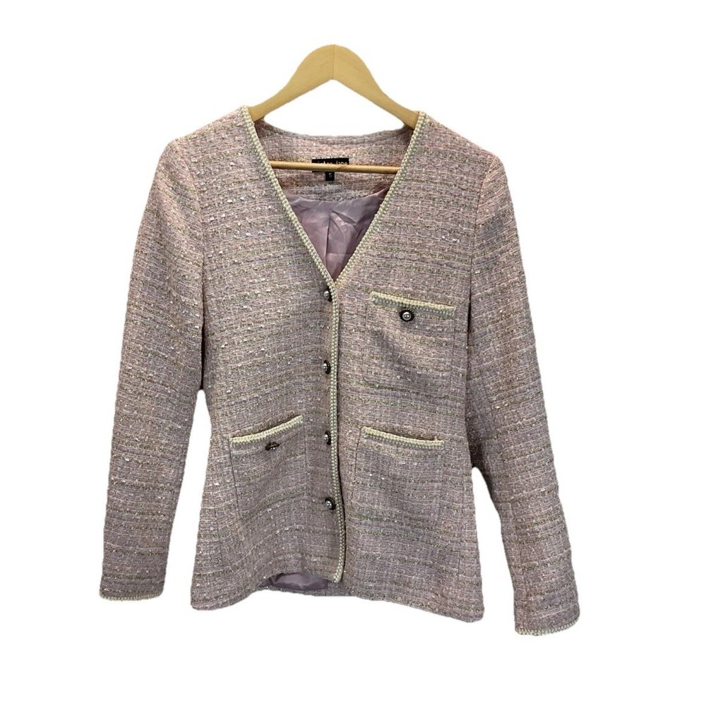 Beautiful Sister Jane Pink Tweed Jacket Size S Gold Beaded Pearl Accents Holiday